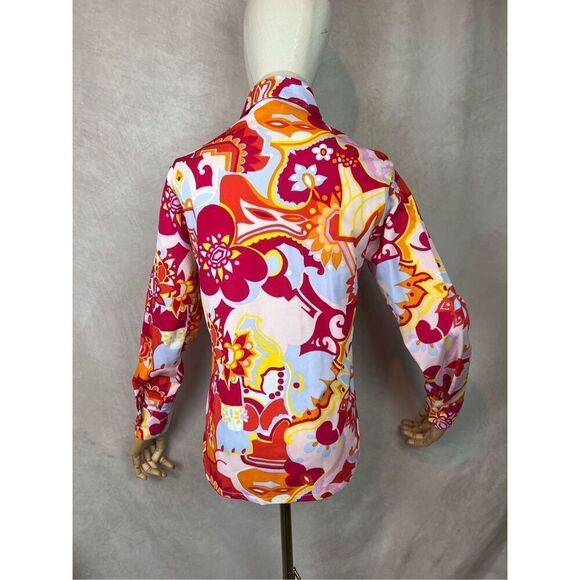 Vintage 1970s Plus Size Psychedelic Blouse Dagger Collar Top Mod MCM Disco L XL - Picture 4 of 8